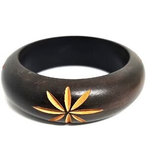 Unisex Brown w/Tan Flower Wooden Hand Carved Slip On Bangle 2.5" I.D.-1" W